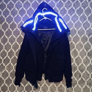 Club Exx LED Light Up Jacket Womens Small Black Hood Rave Bomber Festival Coat